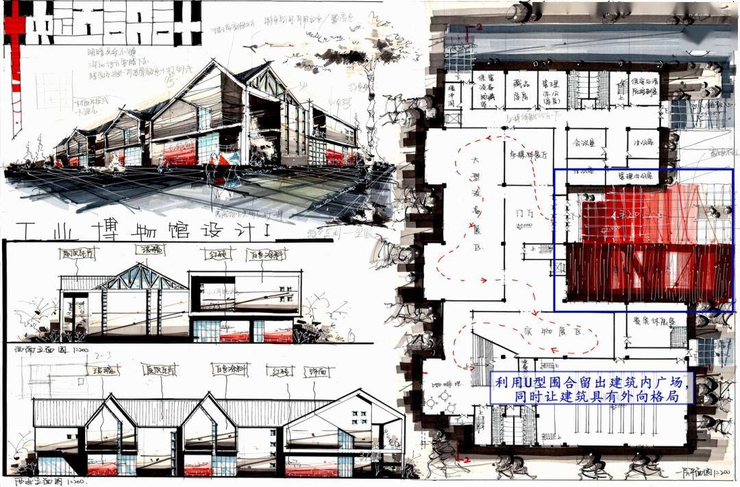 四水归堂是传统建筑里经常会采用的操作手法,在快题中为了让四水归堂