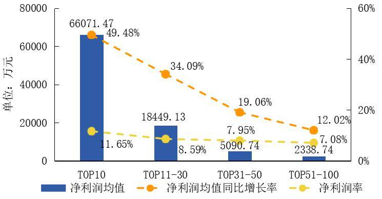 2019年百强企业分层级净利润均值,净利润率及增长率