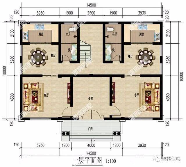 平面图:一层两户共用堂屋和双跑楼梯,二层三室一卫,三层一间卧室备用