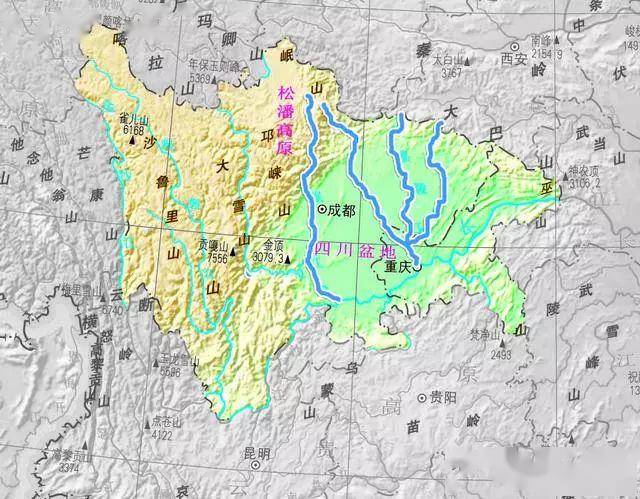 四川省版图及四川盆地主要河流