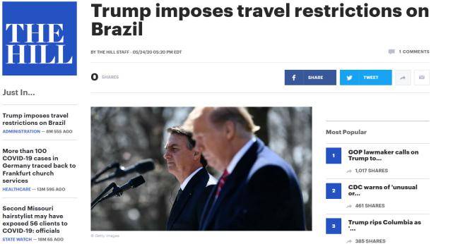 美国宣布对巴西实施旅行禁令 全球第一嫌弃全球第二？