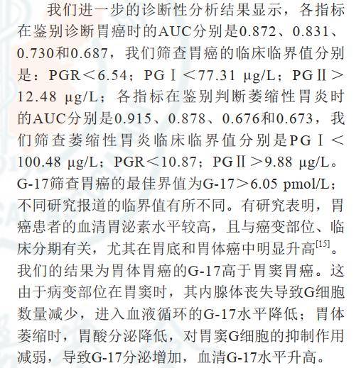 实验研究血清胃蛋白酶原和胃泌素17在胃癌及萎缩性胃炎中的诊断价值