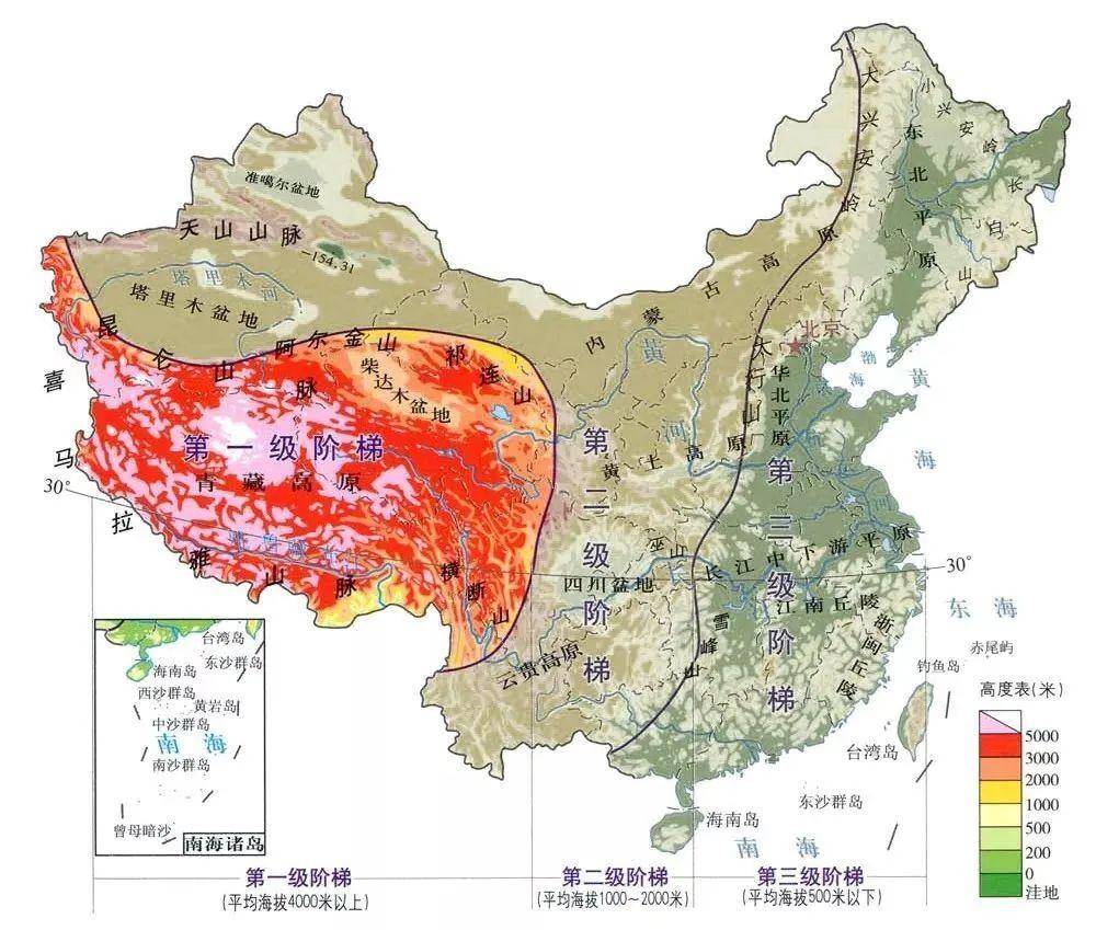 中国第一级阶梯处于三级阶梯的左部,  主要含青藏高原与柴达木盆地两