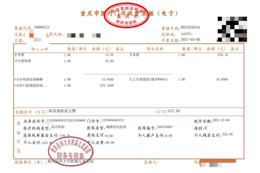 这是重庆市某医院门诊发票,几个比较关键的项目: 医保统筹支付,其他