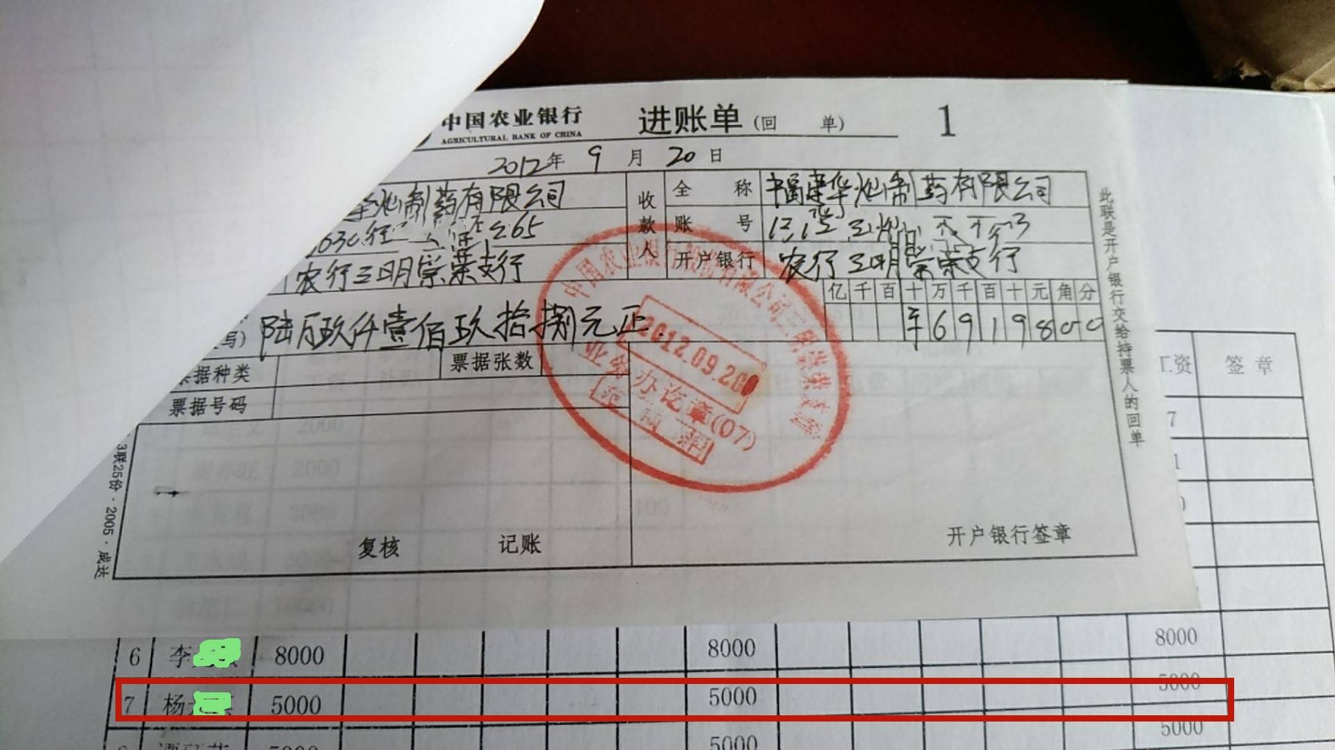 华灿公司2012年9月转账凭证显示,杨某某工资5000元.