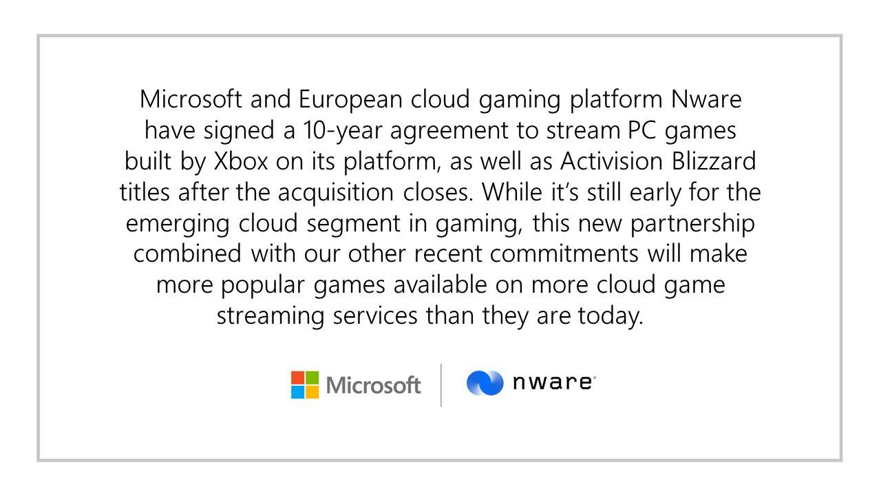 微软与欧洲云游戏平台Nware签署了一份为期10年的协议