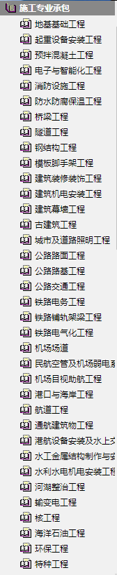 一、常用专业承包资质：（按新办二级）1、地基基础工程二级资质标准：1、企业资产净资产1000万元以上。2、企业主要人员（1）注册建造师不少于3人。（2）技术负责人具有8年以上从事工程施工技术管理工作经历，且具有工程序列高级以上职称或一级注册建造师或注册岩土工程师执业资格；结构、岩土、机械等专业中级以上职称人员不少于8人，且专业齐全。（3）技术负责人（或注册建造师）主持完成过本类别资质二级以上标准要
