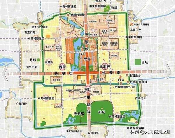 明清北京城:择中立宫 中轴大道(前门大街)  特点:达到我国古代城市