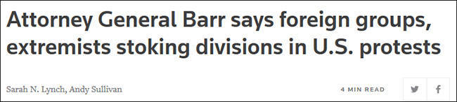 美国司法部长：有“外国势力”煽动暴力