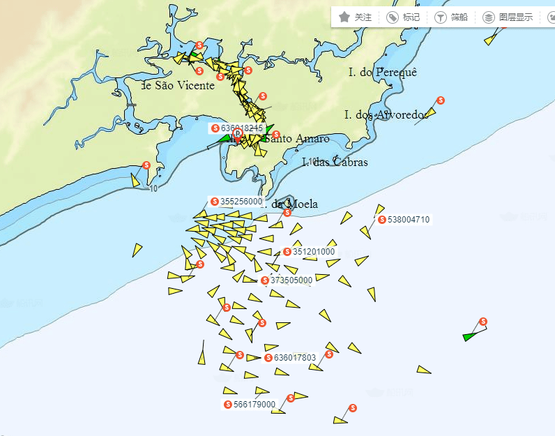 近期 桑托斯港周围有大量船舶聚集