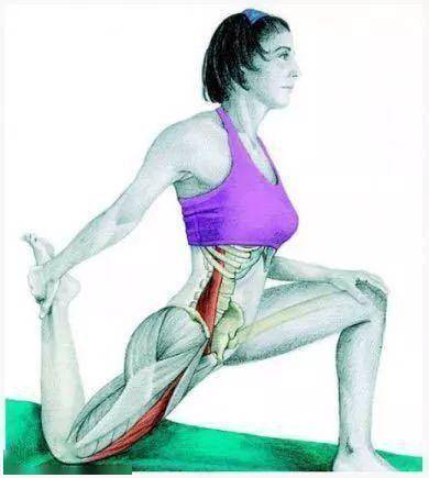 拉伸部位:腰肌,股四头肌 动作模式:身体半跪姿势摆好,前脚要保持90