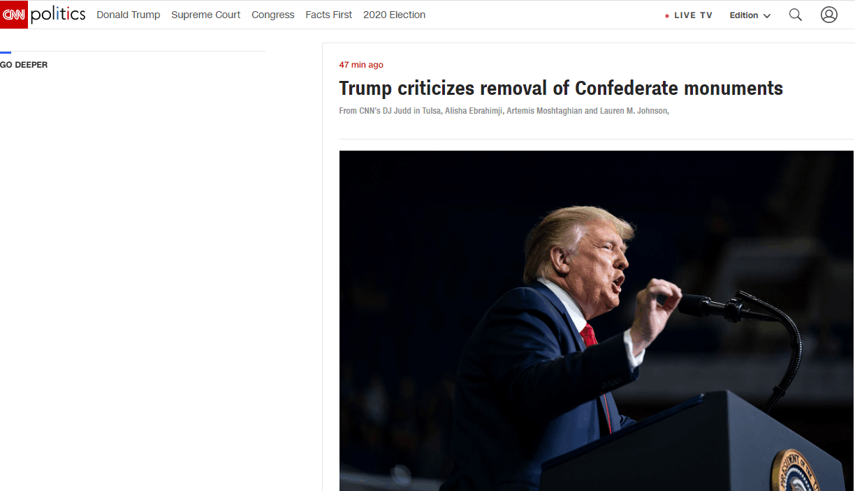 美国|美国南方邦联雕像接连倒下，特朗普生气了：精神错乱的左翼暴徒正试图破坏我们的历史