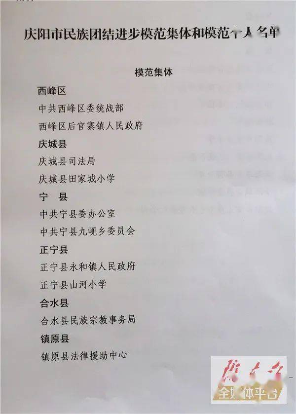 庆阳市委市政府表彰民族团结进步模范集体和个人,华池