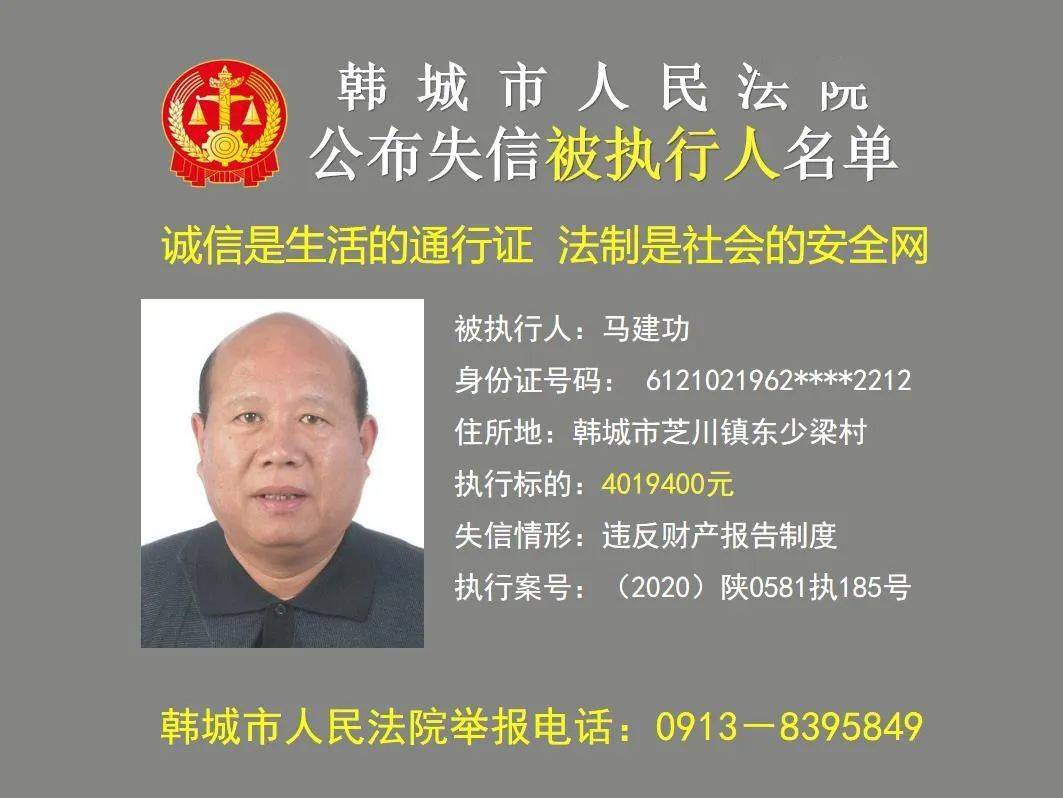 韩城市人民法院公布2020年第三批失信被执行人名单