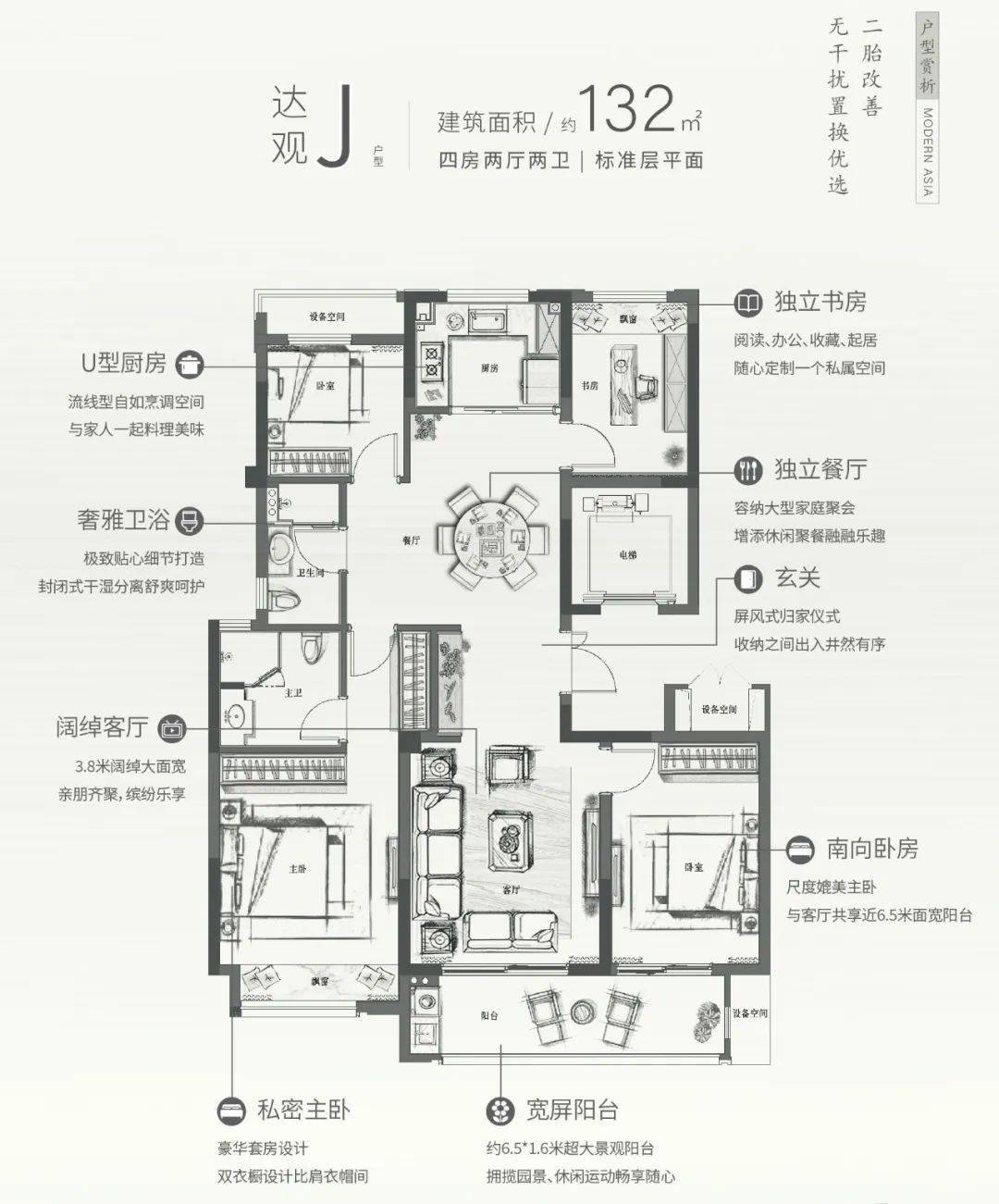 杭语宸鹭院132方,通过  "经典四叶草格局"建立了一种家人之间的"关系