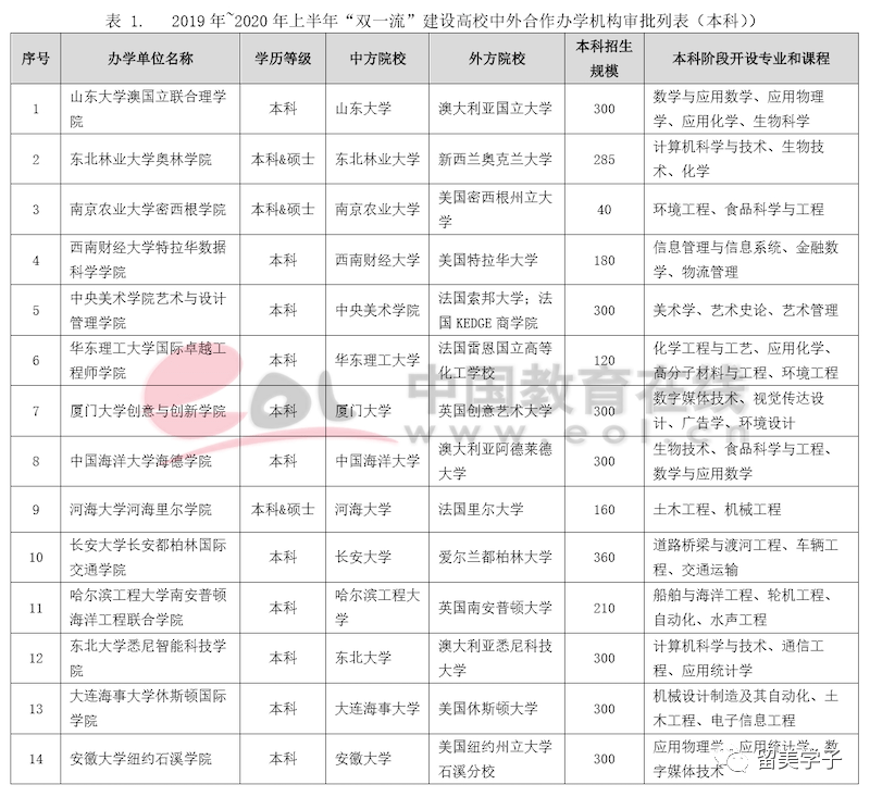 2.2019年"双一流"建设高校中外合作办学项目审批列表(本科))