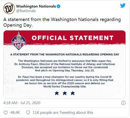 国民|美职棒将复赛，冠军队邀请福奇开球：他是真正的冠军