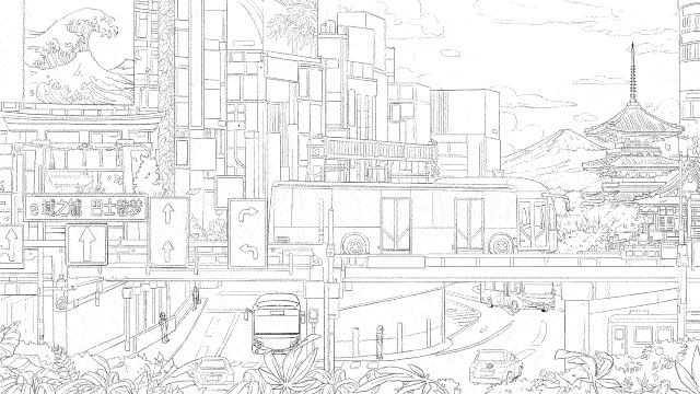 未来科技感为营造出赛博朋克的氛围建筑上的装饰采用了日本传统浮世绘