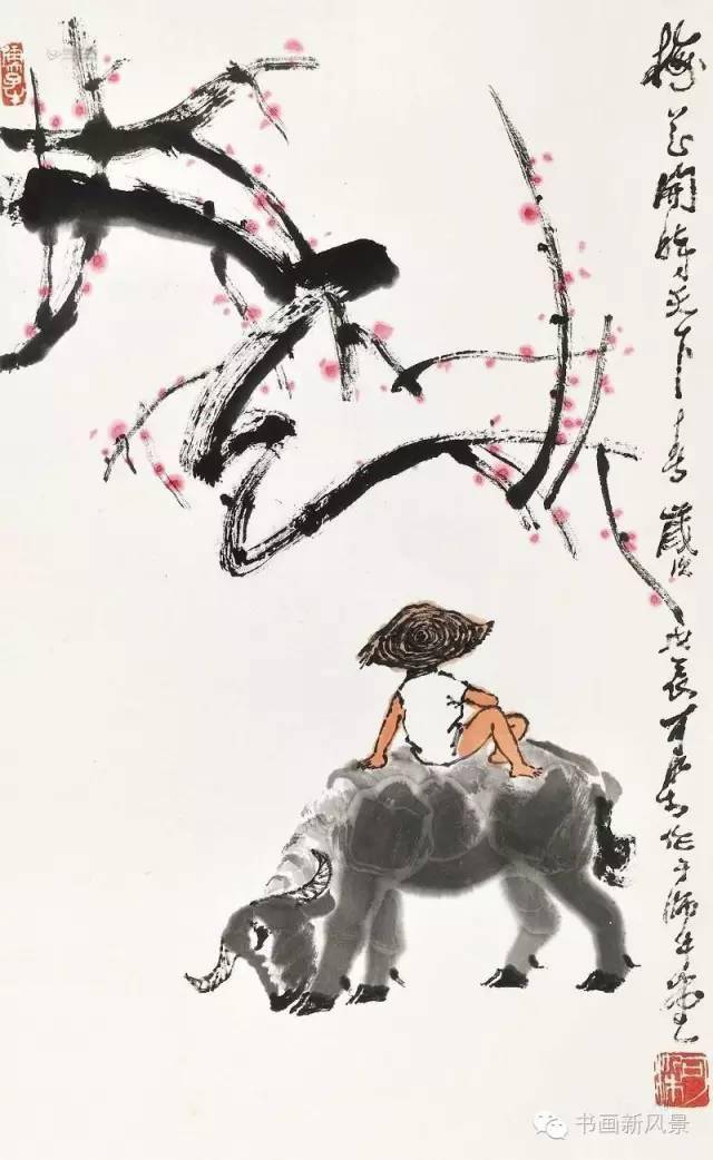 掛け軸 三尺中堂 李可染 春牧図 人物画 中国書画 水墨画 牧童 牛 中国古美術・純手描き牧牛図三尺画芯・水墨画・李可染印款・書道品