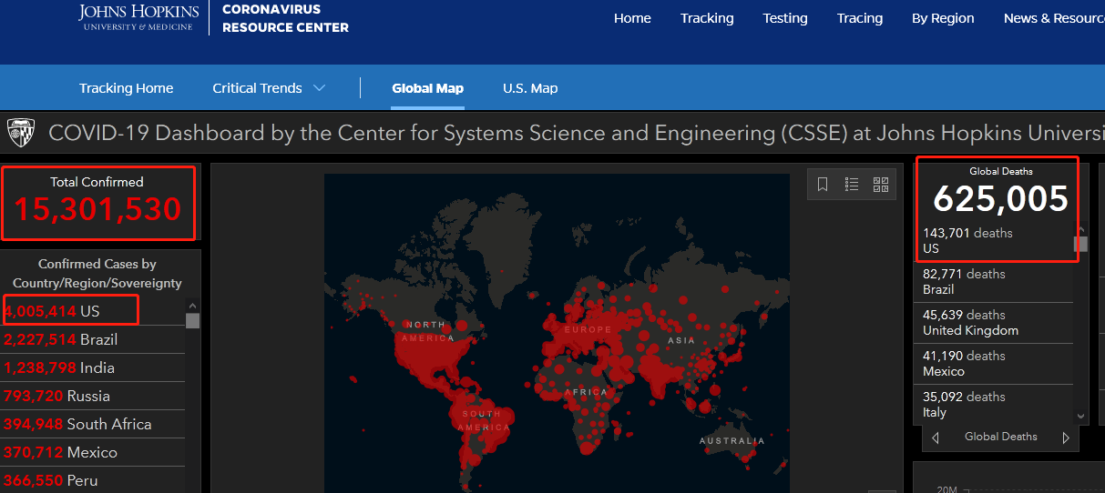 全球|快讯！约翰斯?霍普金斯大学：美国新冠肺炎累计确诊病例已超400万例