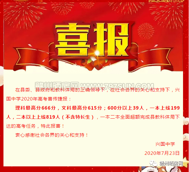 2020年赣州高考喜报,于都中学理科裸分全市第一