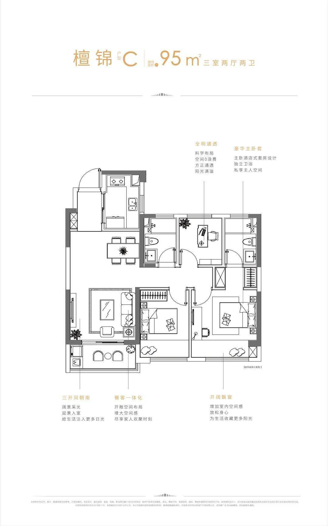 约115(建筑面积)三房户型,创新"3 x"格局.约5.