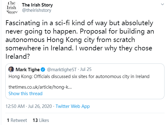 泰晤士报|“港独”分子欲在爱尔兰买地“建城”，但爱尔兰并不傻