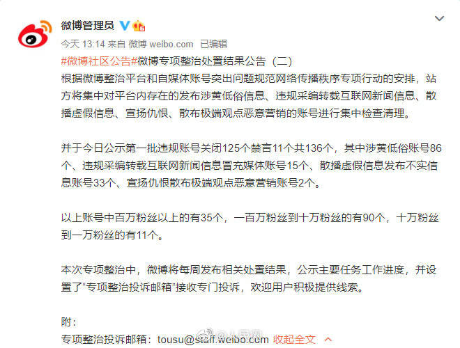 违规|微博关闭违规自媒体账号125个禁言11个