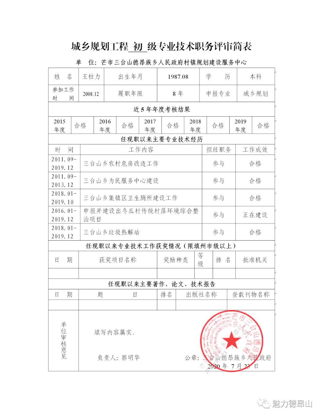 三台山乡王柱力同志申报助理工程师公示