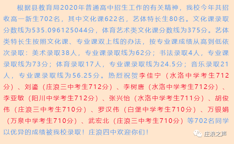 2020庄浪中考成绩排名_庄浪四中2020级高一新生入学须知