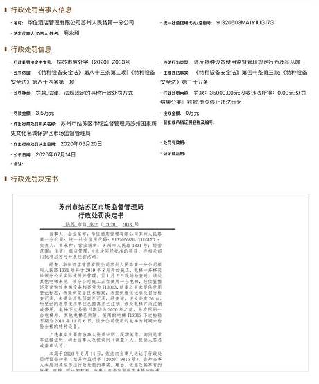 苏州|华住酒店河南子公司遭限制消费 苏州分公司安全违法