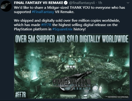 《最终幻想7：重制版》销量突破500万套创公司最新记录