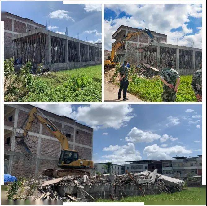 对万华村涉河违建进行人工拆除▲走马村违法占用耕地建筑拆除前,中