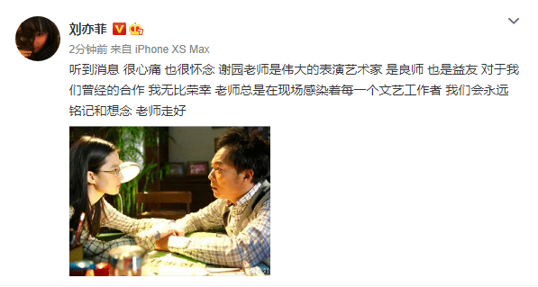 谢园|刘亦菲发文悼念谢园，两人曾在电影中演父女