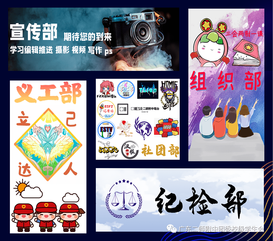 团委暂时有六个部门:主席团,义工部,纪检部,组织部,宣传部和社团部