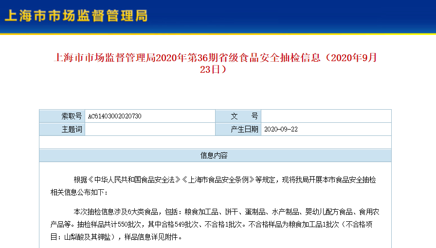 批次|上海抽检550批次食品1批次不合格 盒马鲜生独占黑榜