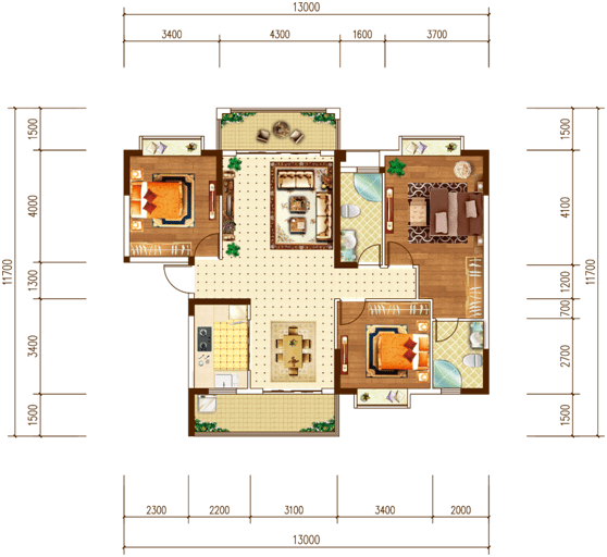 n4 户型:三室两厅两卫 建面约132㎡