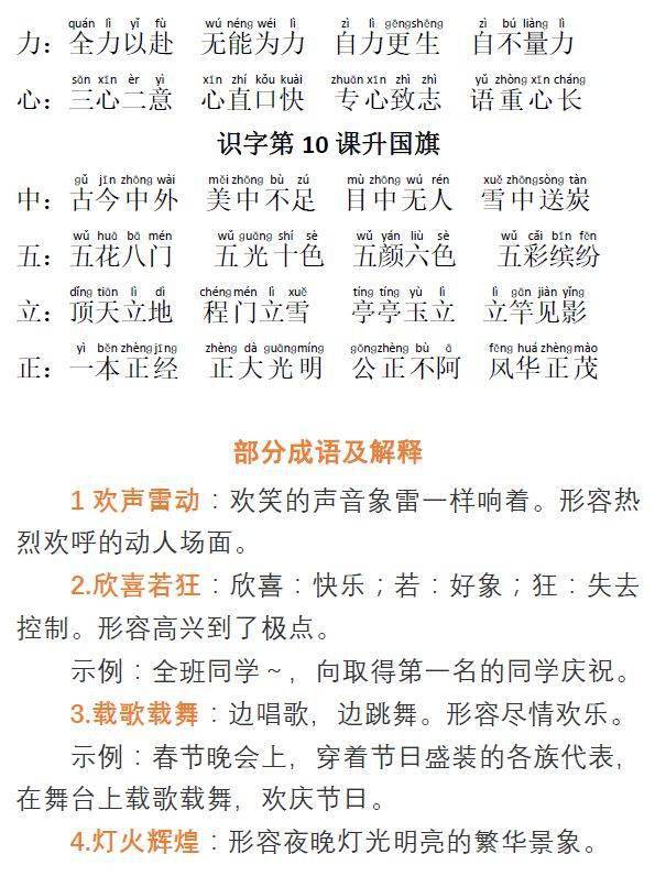 一年级语文上册每课必须掌握的成语 解释(可打印)