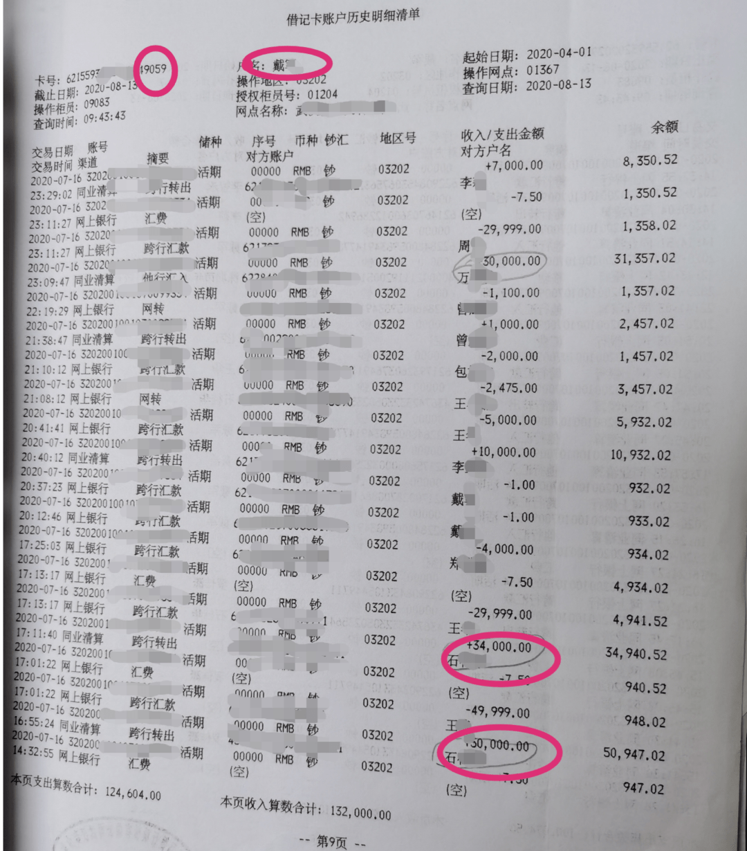 其中一张尾号为9059的银行卡,仅7月16日这一天的流水,一页纸还打不下.