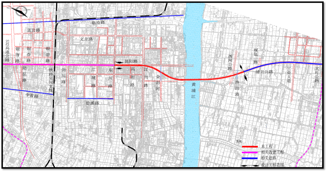 工程地理位置图工程北起闵行区东川路,跨越黄浦江后在西闸公路以北