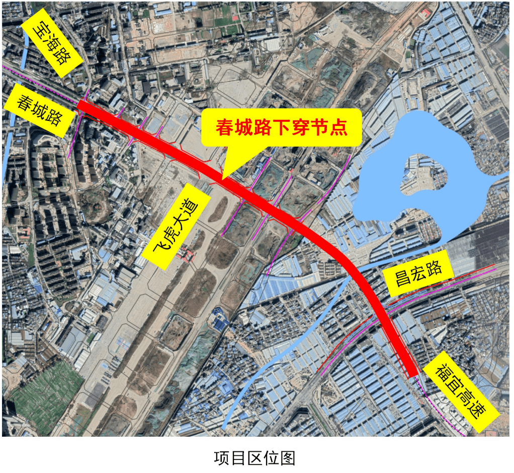 道路为东西走向,将下穿规划中的巫家坝中央公园,接入建设中的福宜