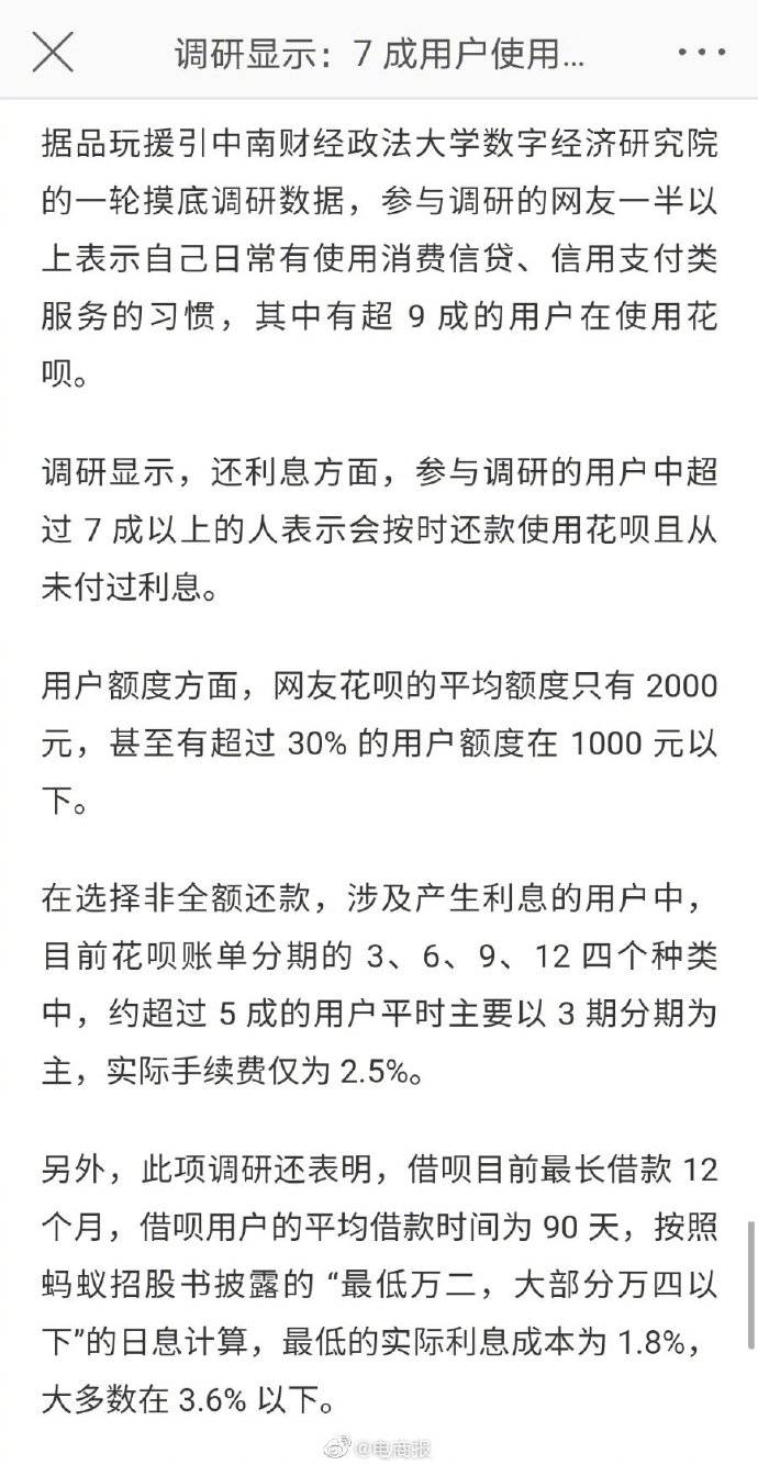 利息|调研显示：7成用户使用花呗未付过利息
