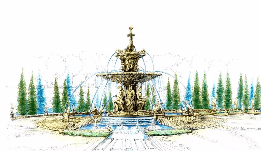 特色欧式造型喷泉雕塑效果图▲一点透视滨水景观步道 休闲亭景观