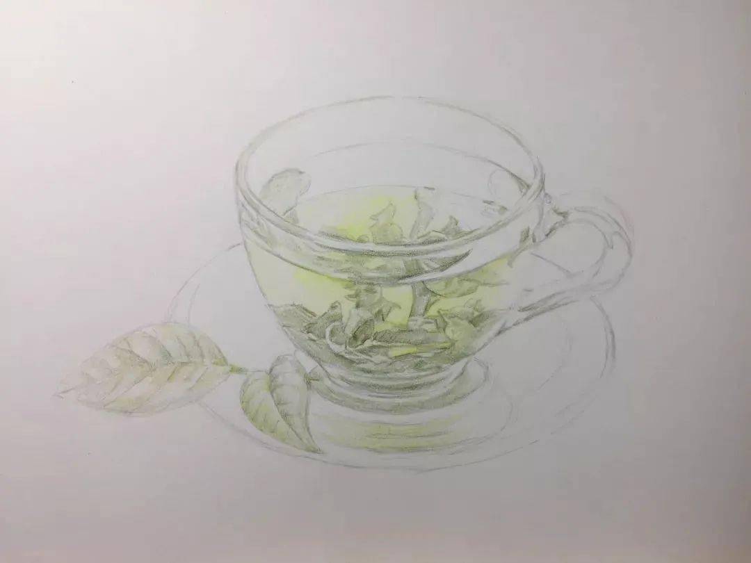 步骤三:用橄榄绿 深绿刻画杯中前景茶叶的暗部,叶子的亮部边缘留白,用
