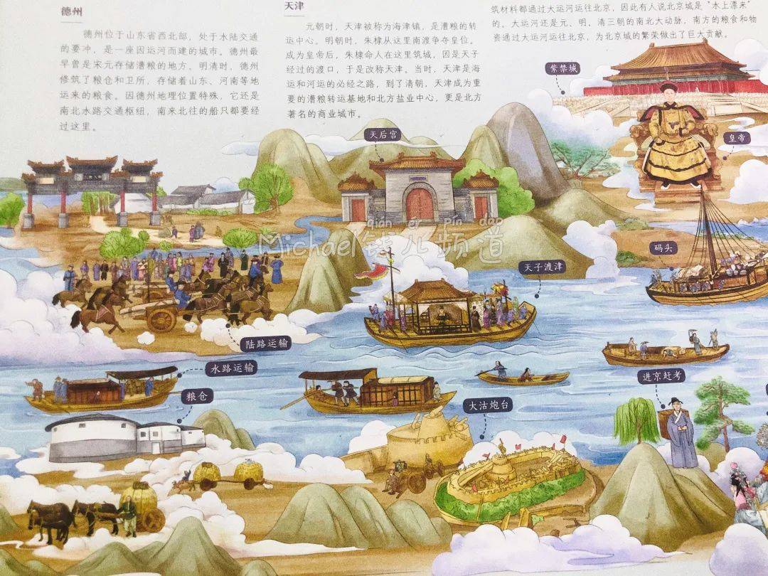《城市的故事》中,用  京杭大运河的全景插图,为孩子串联起  两岸著名