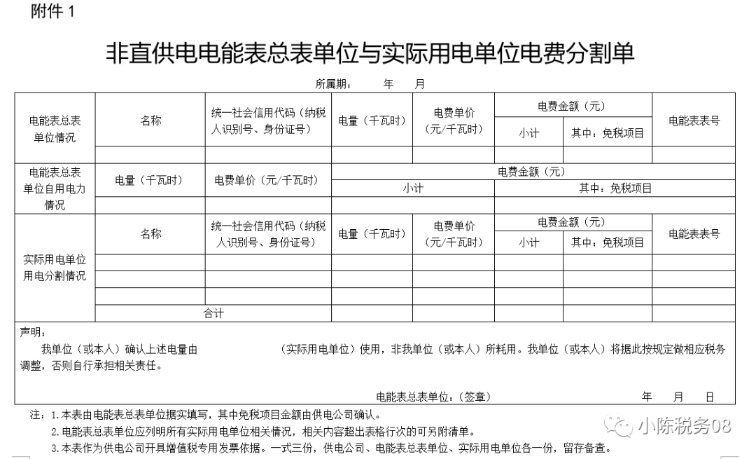 非直供电电能表总表单位与实际用电单位电费分割单