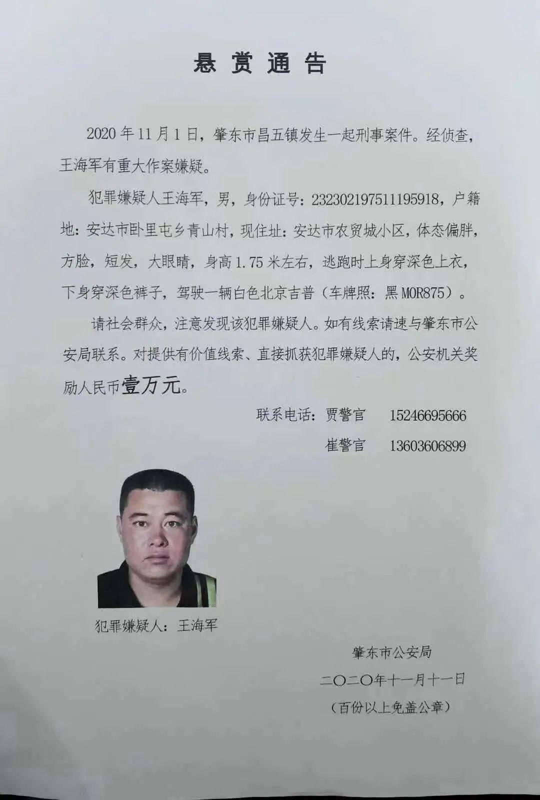 悬赏通告!肇东发生一起刑事案件,见到此人请报警!