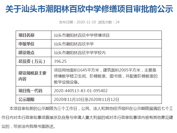 潮阳林百欣中学将启动修缮