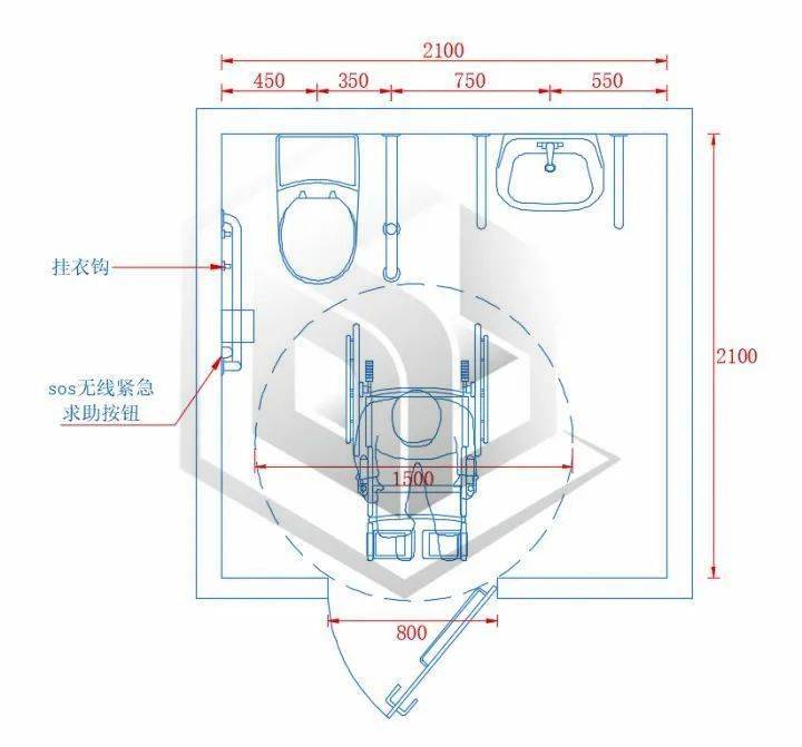 无障碍厕所的设计主要要考虑的是内部应有直径 1.50m的轮椅回转面积
