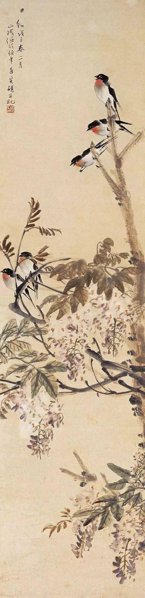 任伯年的花鸟画,总是把花与鸟连在一起,禽鸟显得很突出,花卉有时只作